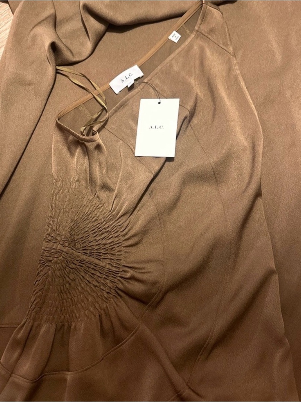 A.L.C. NWT One Shoulder Satin Maxi Dress Olive Brown Ruched Wedding Guest - Picture 5 of 5